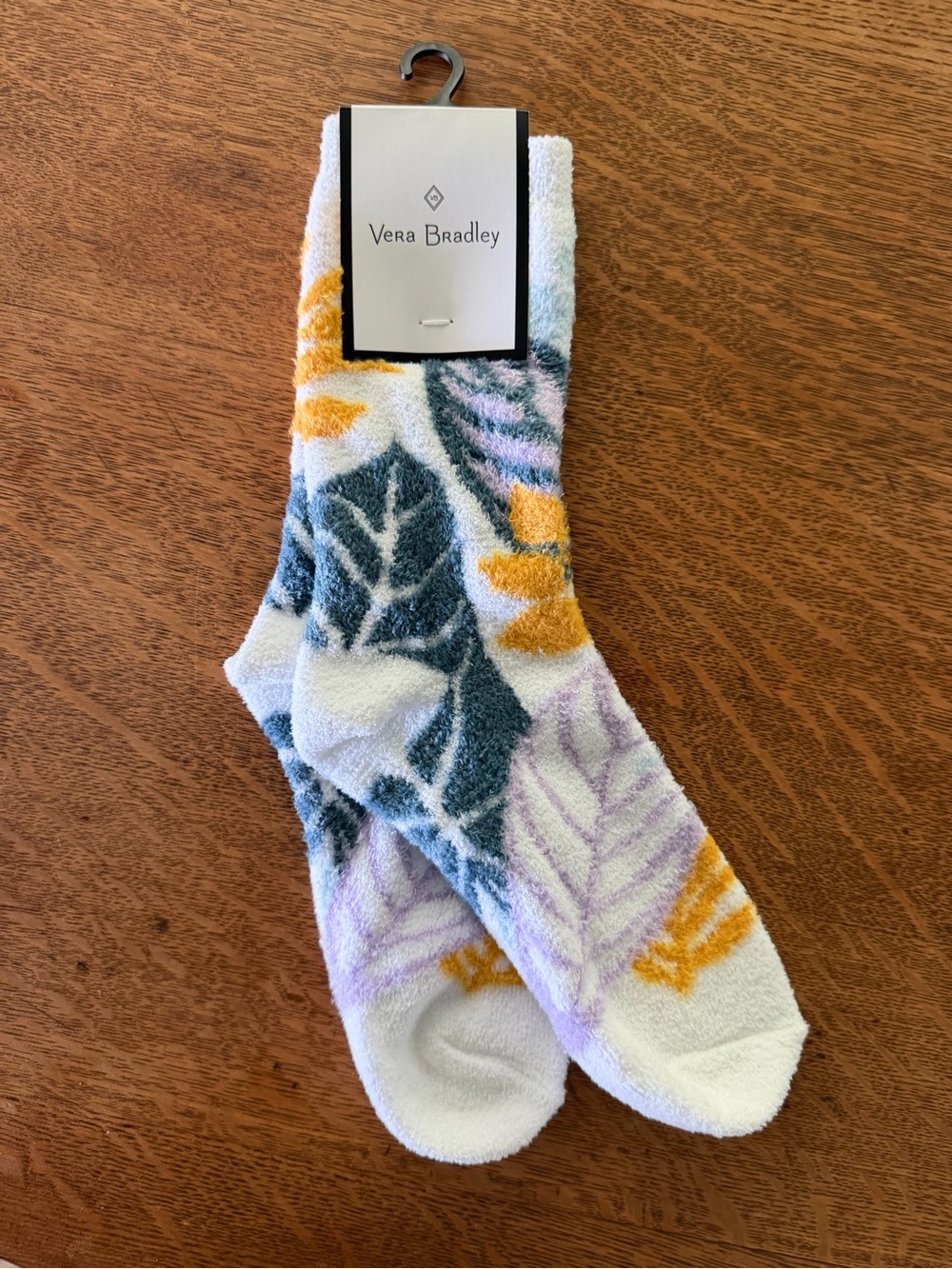 Vera Bradley White Socks with Yellow, Purple, and Teal Leaf Print